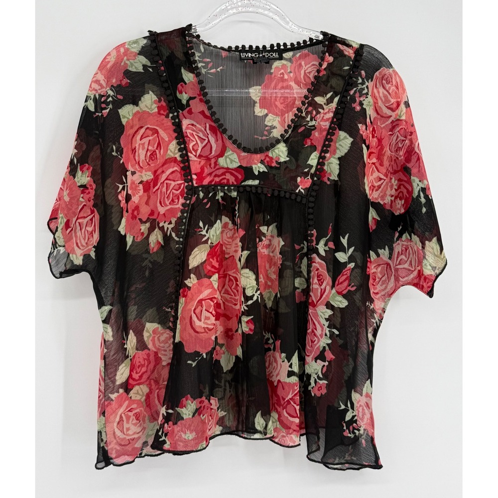 Living Doll Black Red‎ Rose Floral Sheer Chiffon Pom Pom Babydoll Blouse Sz S